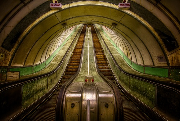 The bottom of the escalators